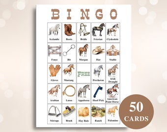 50 cartones de bingo imprimibles con imágenes de caballos, juegos para fiestas de cumpleaños con temática de caballos, cartones de bingo con temática del oeste, tamaño carta (8,5 x 11 pulgadas). DESCARGAR