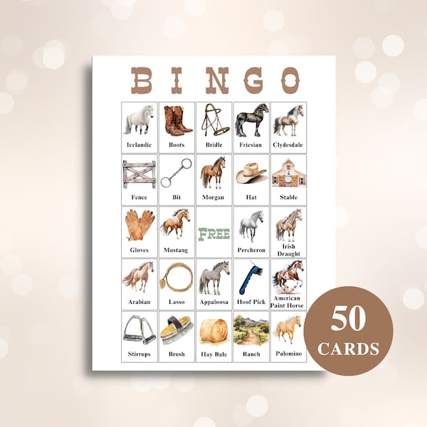 50 Printable Horse Bingo Cards | Horse Themed Picture Bingo Cards | Horse Birthday Party Games | US Letter 8.5x11'' | DOWNLOAD