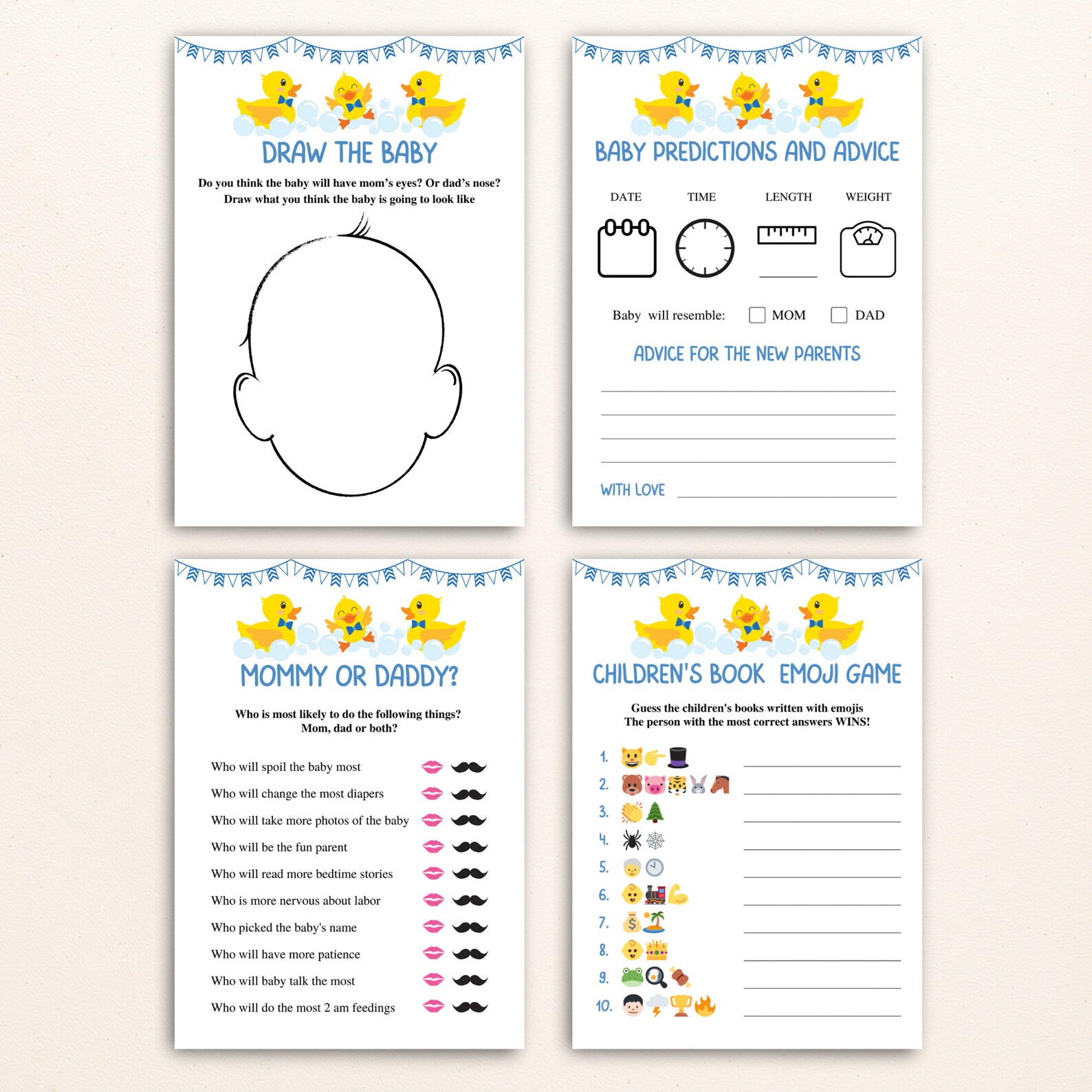 Printable Rubber Ducky Baby Shower Games: Blue Theme, 16 Game Bundle