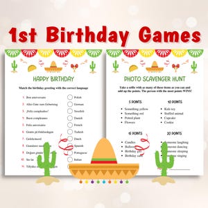 12 juegos imprimibles para el primer cumpleaños, juegos para la primera fiesta de cumpleaños, juegos para fiestas de cumpleaños con temática mexicana, tamaño carta de EE. UU. y A4 incluidos DESCARGAR
