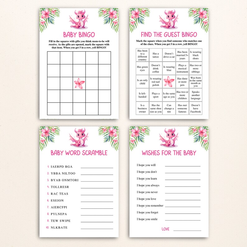 16 Printable Pink Dragon Baby Shower Games Girl Dragon Baby Shower Game ...