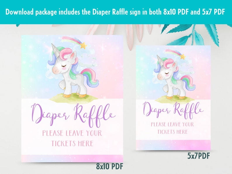 Instant Download Diaper Raffle Unicorn Diaper Raffle Card and Sign Rainbow Theme Girl Baby Shower Insert Printable Diaper Raffle Ticket
