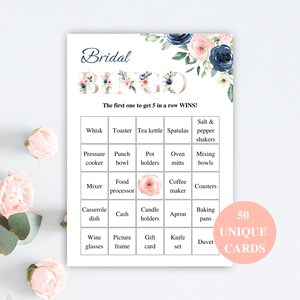 50 tarjetas de bingo de despedida de soltera precargadas imprimibles / Bingo de regalo de despedida de soltera / Juegos de despedida de soltera de color azul marino y rosa rubor / DESCARGAR