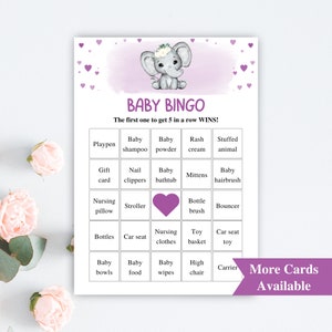 30 Tarjetas de Bingo para Baby Shower de Elefante Púrpura Imprimibles / Tarjetas de Bingo para Bebés Precargadas de 5x7'' / Juegos de Baby Shower Safari / DESCARGAR