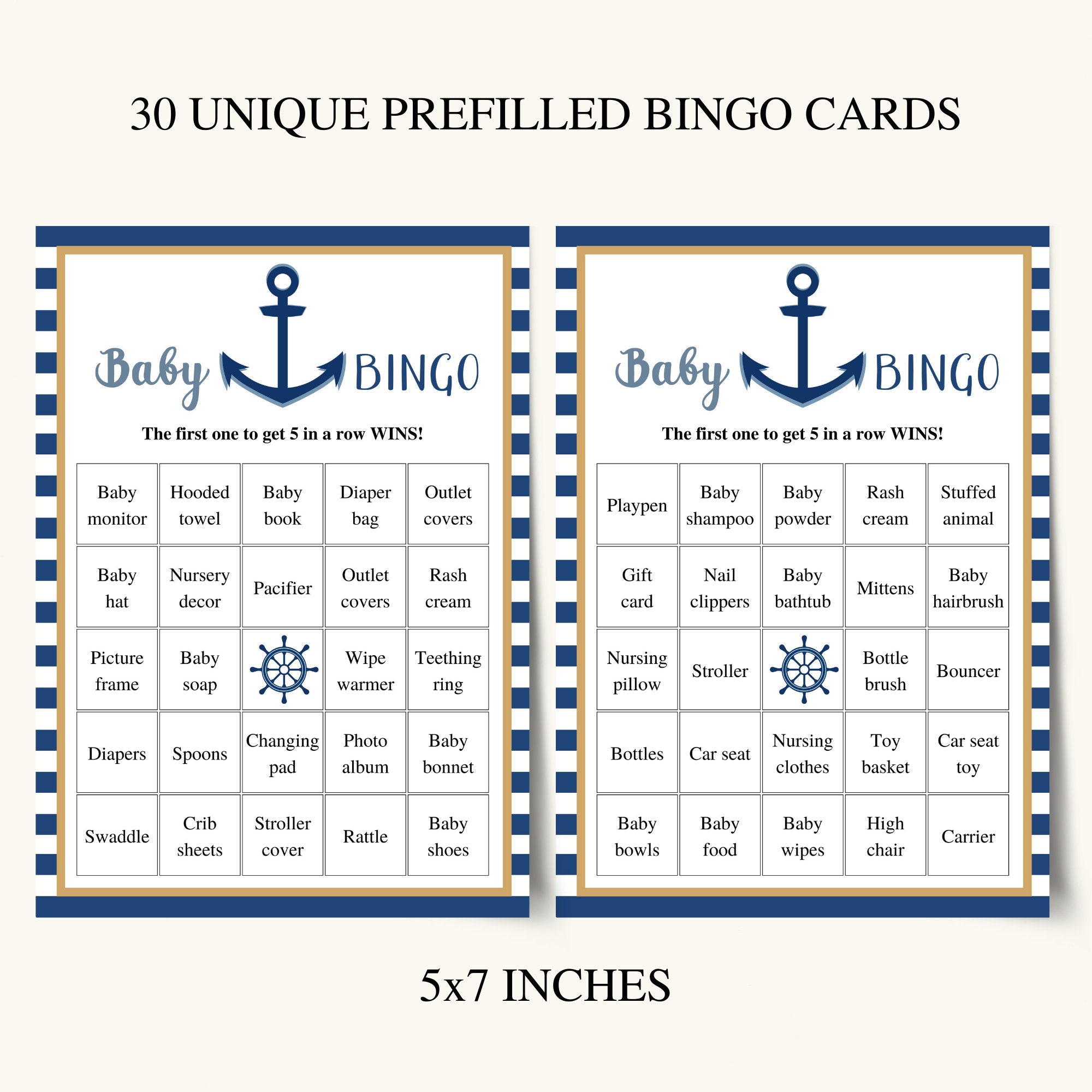 30 Printable Baby Bingo Cards, Nautical Baby Shower Baby Bingo ...