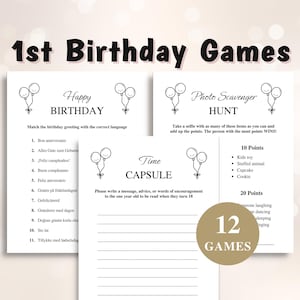 12 jogos para imprimir de 1º aniversário, pacote de jogos para festa de primeiro aniversário, jogos para festa de um ano, carta dos EUA e A4 incluídos, DOWNLOAD