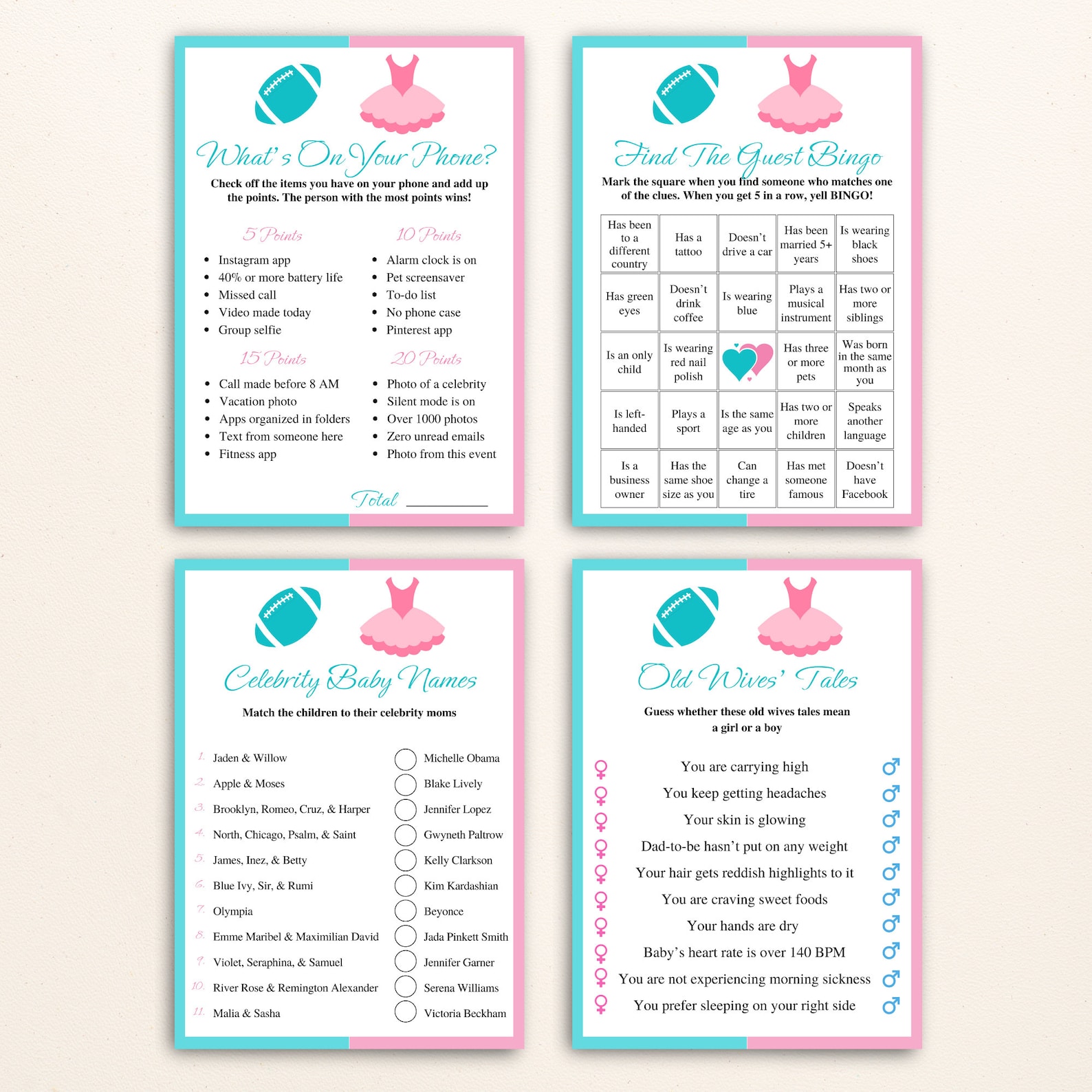 12 Printable Touchdowns or Tutus Gender Reveal Games | Football Gender Reveal Party Games | Pink ...