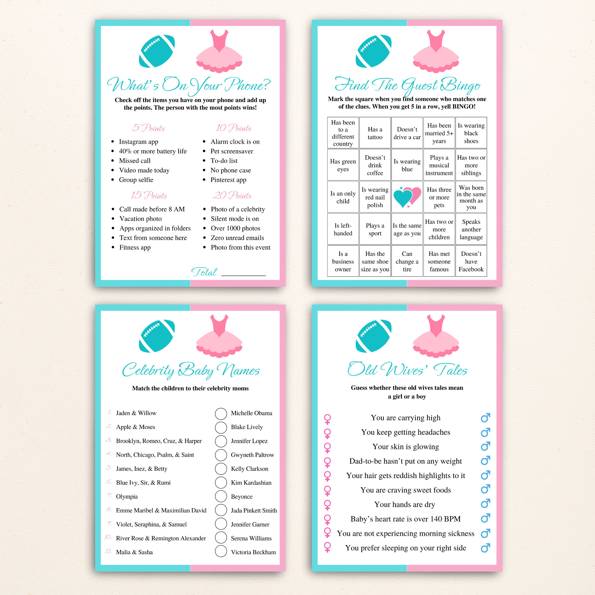12 Printable Touchdowns or Tutus Gender Reveal Games Football Gender Reveal Party Games Pink and ...