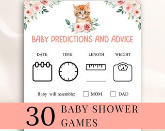 30 afdrukbare babyshowergames voor katten: babyshowergame voor kittens, babyshowerspelletjes met bloemen, DOWNLOAD