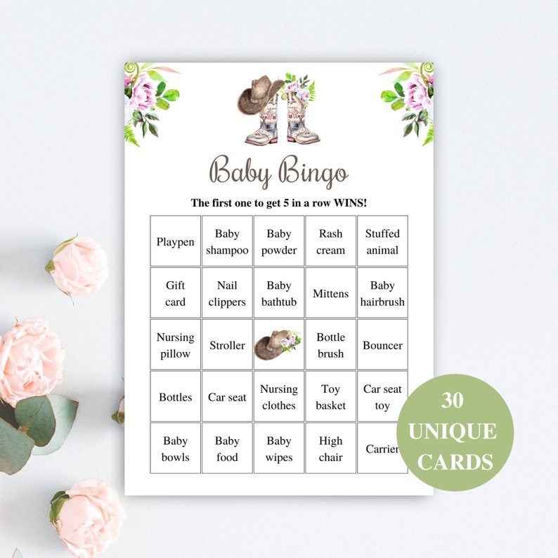 30 Printable Prefilled Baby Shower Bingo Cards Country Baby | Etsy UK