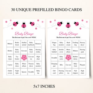 30 Printable Pink Ladybug Baby Shower Bingo Cards | 5x7'' Prefilled Ladybug Themed Baby Bingo ...