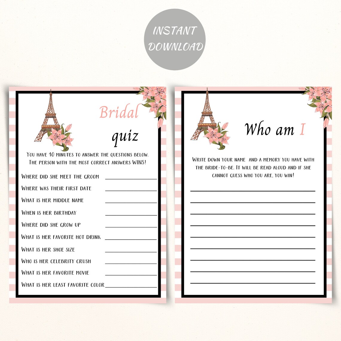 Printable Paris Bridal Shower Games Parisian Bridal Shower | Etsy