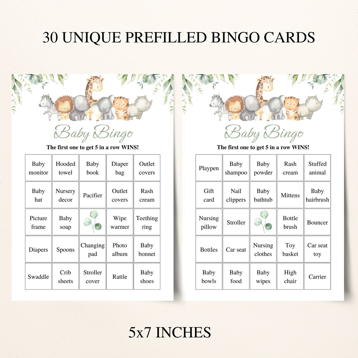 30 Printable Safari Baby Shower Bingo Cards 5x7'' - Etsy