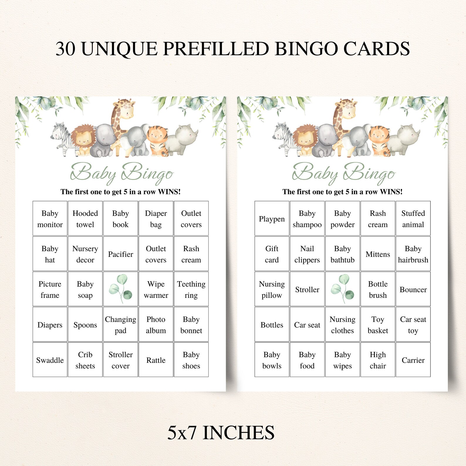 30 Printable Safari Baby Shower Bingo Cards | 5x7'' Prefilled Baby ...
