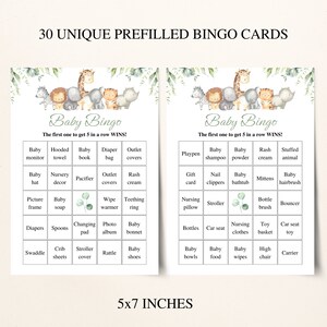 30 Printable Safari Baby Shower Bingo Cards 5x7'' Prefilled Baby Bingo Cards Jungle Baby Shower Games DOWNLOAD image 2