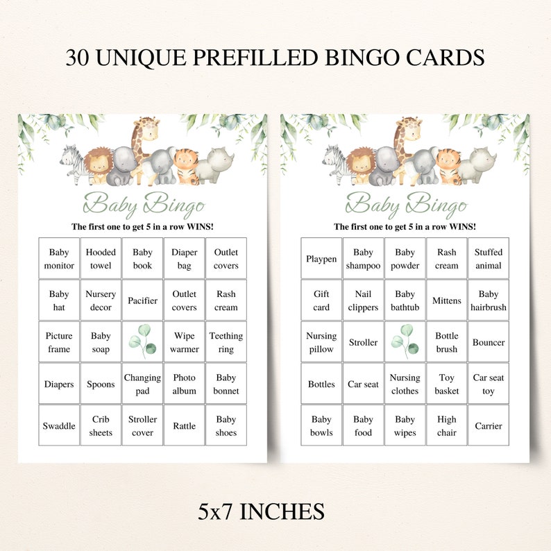 30 Printable Safari Baby Shower Bingo Cards 5x7'' Prefilled Baby Bingo Cards Jungle Baby Shower Games DOWNLOAD image 2