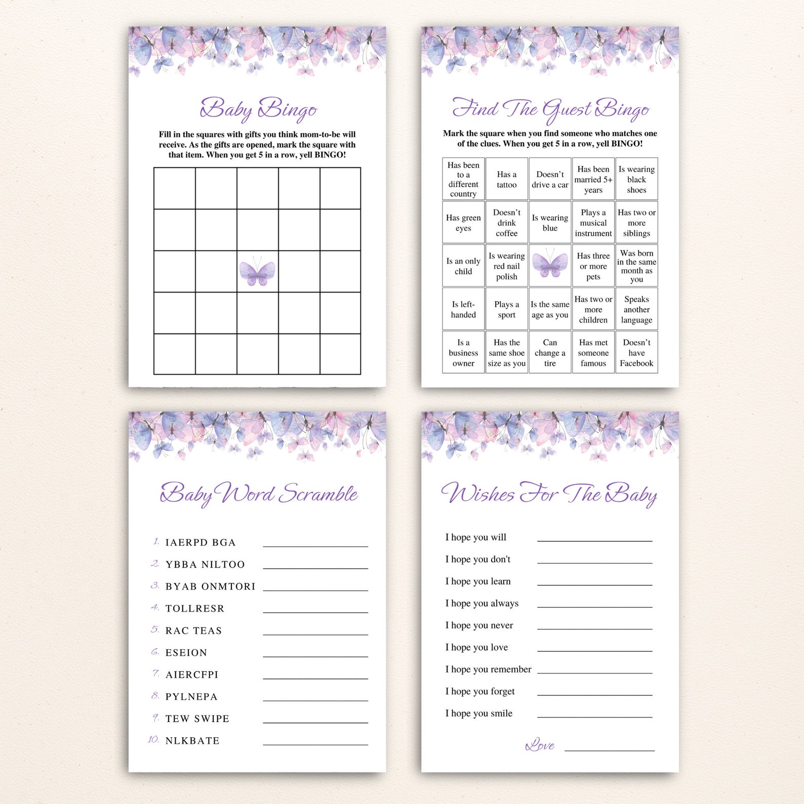 16 Printable Butterfly Baby Shower Games Purple Butterfly Baby Shower ...