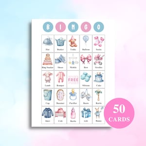 50 afdrukbare Gender Reveal Bingokaarten, roze en blauwe foto Bingo, Gender Reveal Games, Twin Baby Shower Games, US Letter 8.5x11 DOWNLOAD