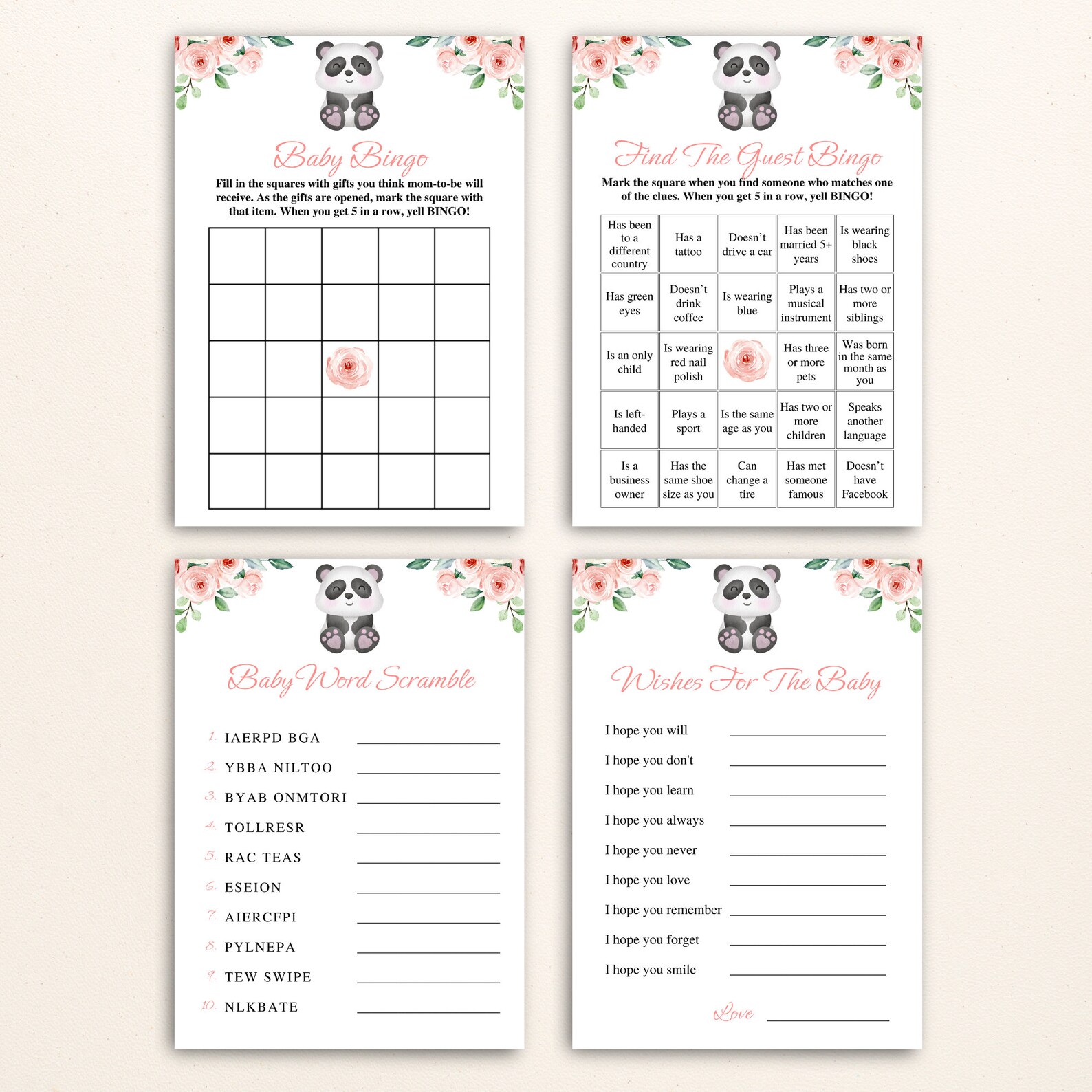 16 Printable Floral Panda Baby Shower Games Pink Safari Baby Shower ...
