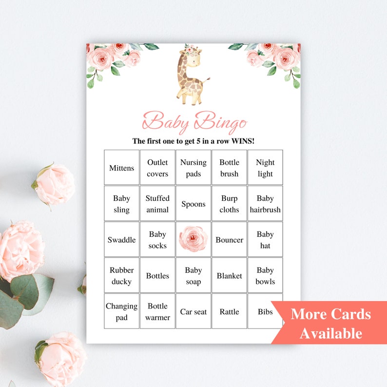 30 Printable Pink Giraffe Baby Shower Bingo Cards 5x7'' Prefilled Baby ...