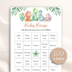 100 Printable Dinosaur Baby Shower Bingo Cards: Prefilled Gift Bingo, Dino Theme DOWNLOAD