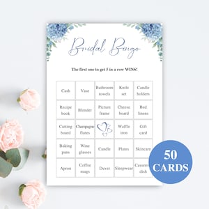 50 tarjetas de bingo de despedida de soltera de hortensias imprimibles / Bingo de regalo de despedida de soltera precargado / Juegos de despedida de soltera azul bebé / DESCARGAR