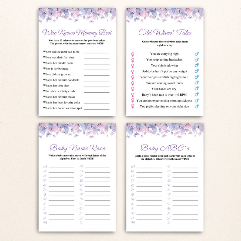 16 Printable Butterfly Baby Shower Games Purple Butterfly Baby Shower ...
