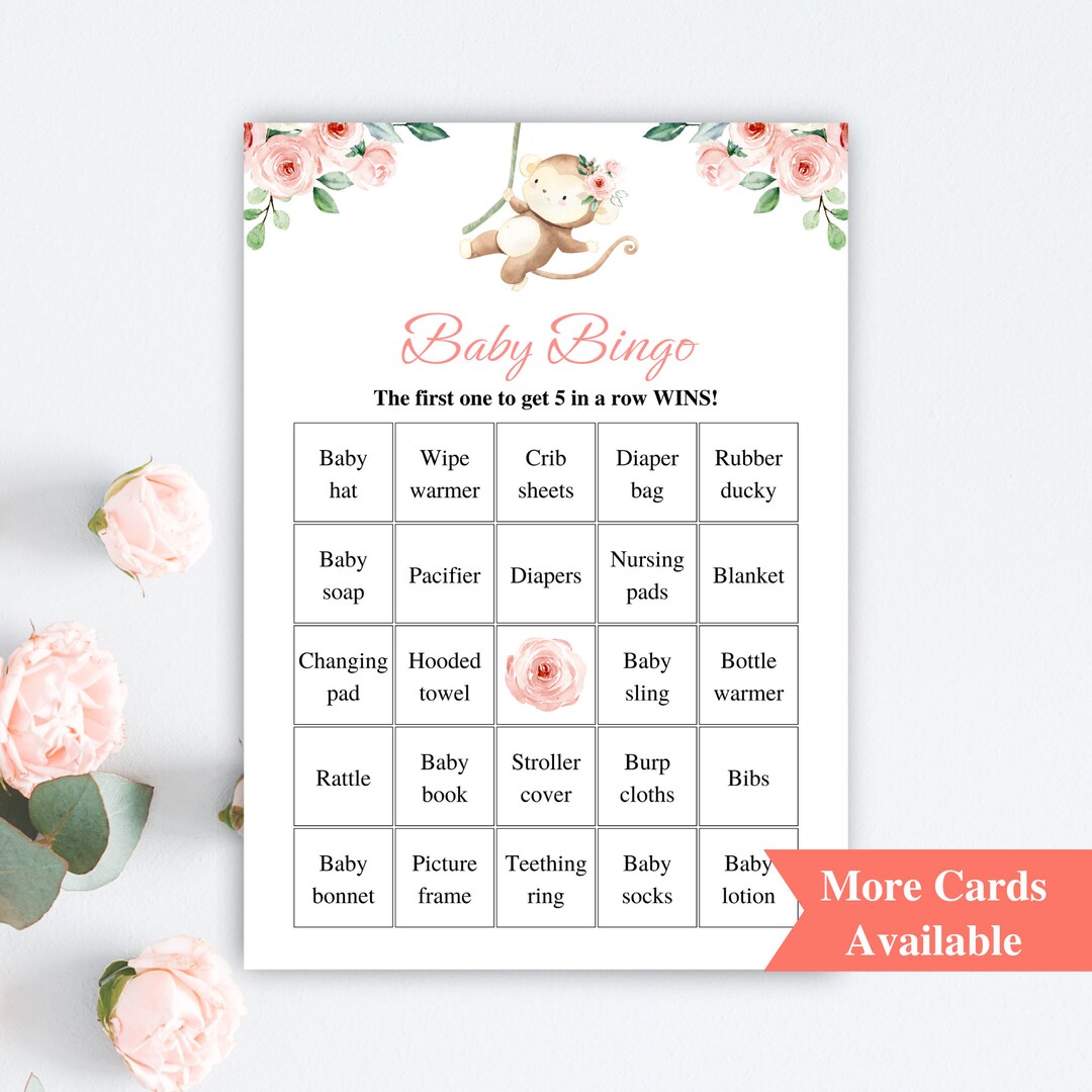 30 Printable Pink Monkey Baby Shower Bingo Cards | 5x7'' Prefilled Baby ...