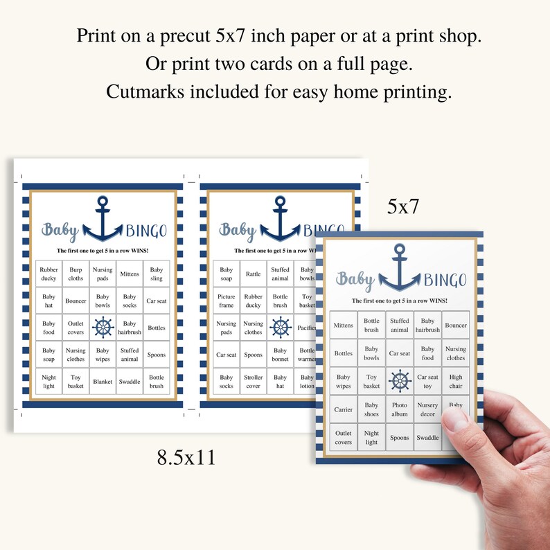 30 Printable Baby Bingo Cards, Nautical Baby Shower Baby Bingo ...