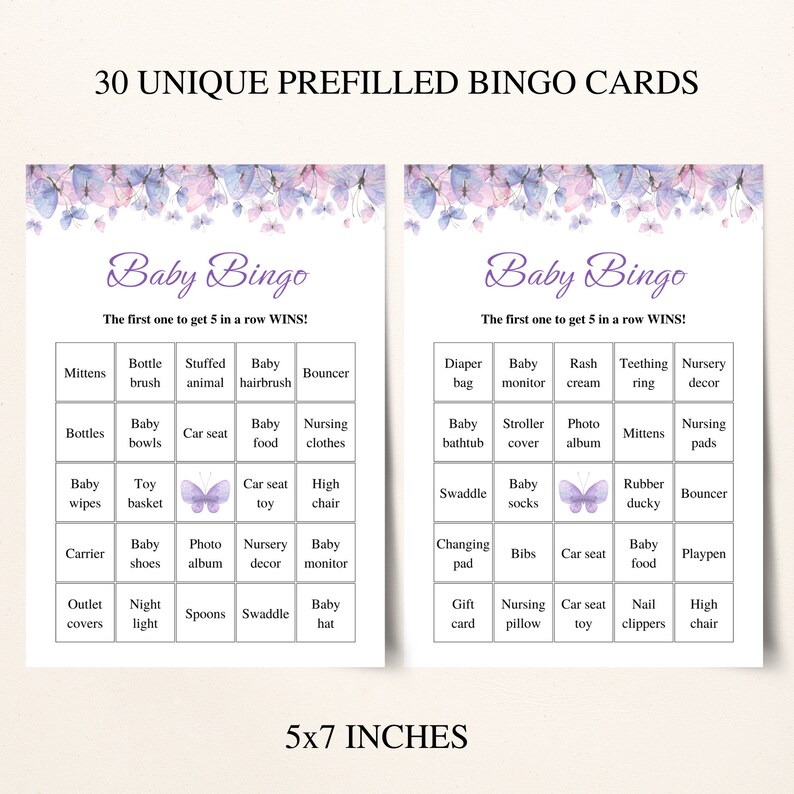 30 Printable Butterfly Baby Shower Bingo Cards | 5x7'' Purple Butterfly ...