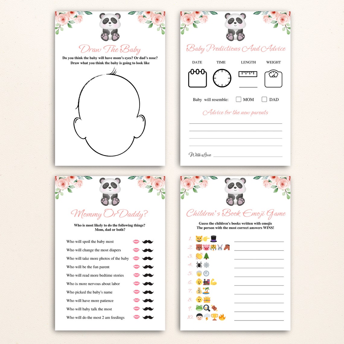 16 Printable Floral Panda Baby Shower Games Pink Safari Baby Shower ...