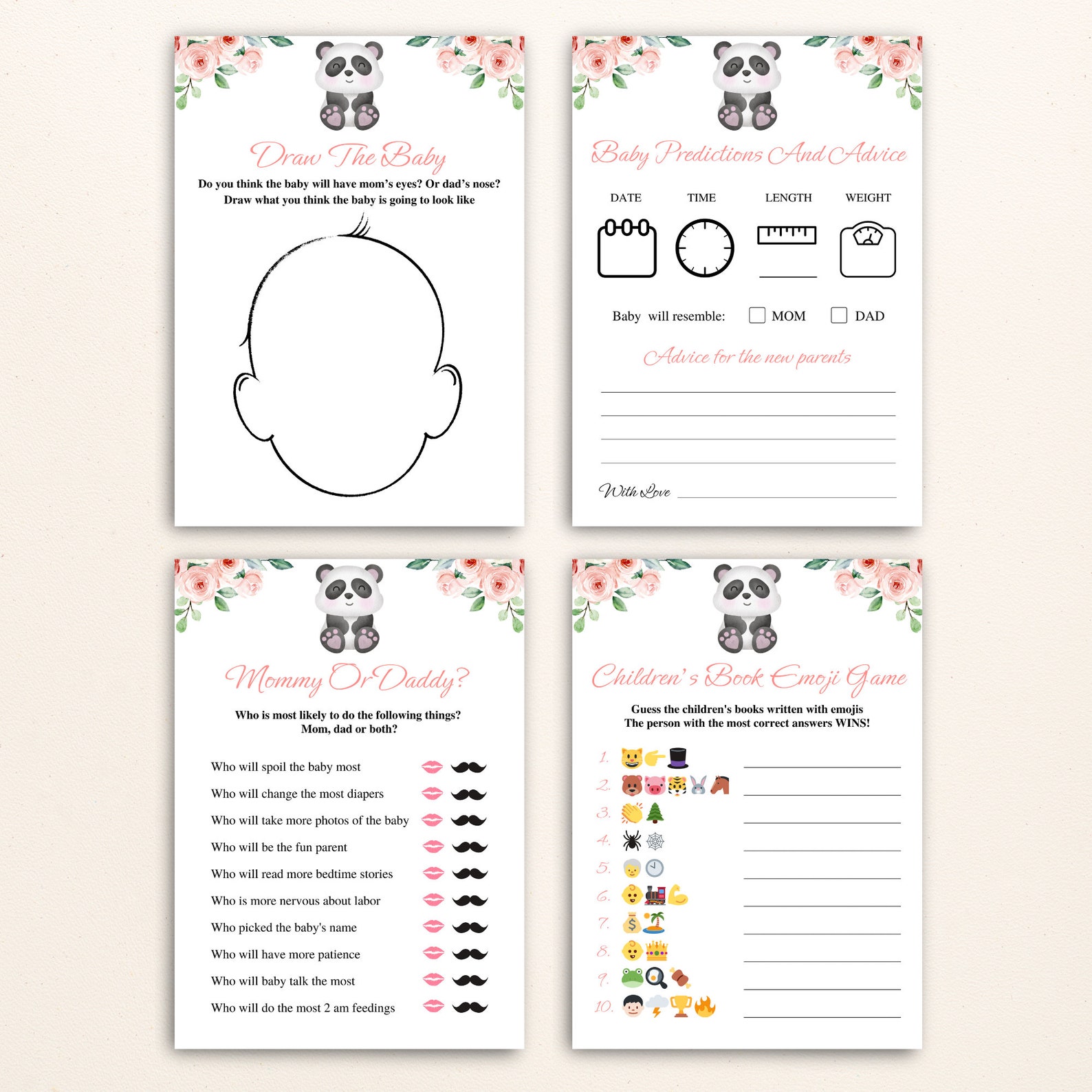 16 Printable Floral Panda Baby Shower Games Pink Safari Baby Shower ...