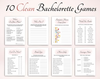 May include: A set of 10 printable bachelorette party games with pink and white backgrounds. The games include "What's on Your Phone?", "Who Am I", "Romantic Movies Emoji Game", "Would She Rather", "Ever Or Never?", "Bridal Quiz", "Most Likely", and "Scavenger Hunt".