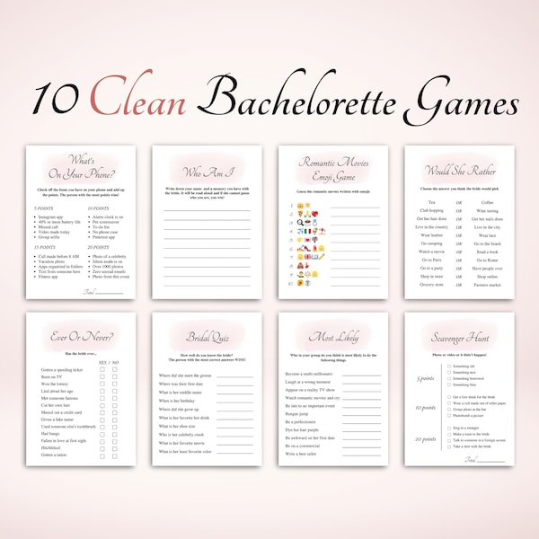 10 Clean Bachelorette Party Games, Printable Bachelorette Game Bundle, Clean Hens Party Games, Bachelorette Games, US Letter & A4, DOWNLOAD