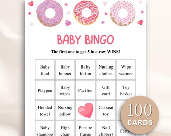 100 cartelle da bingo stampabili per baby shower a forma di ciambella rosa, cartelle da bingo precompilate per baby shower, giochi per baby shower "Sprinkled With Love", SCARICA