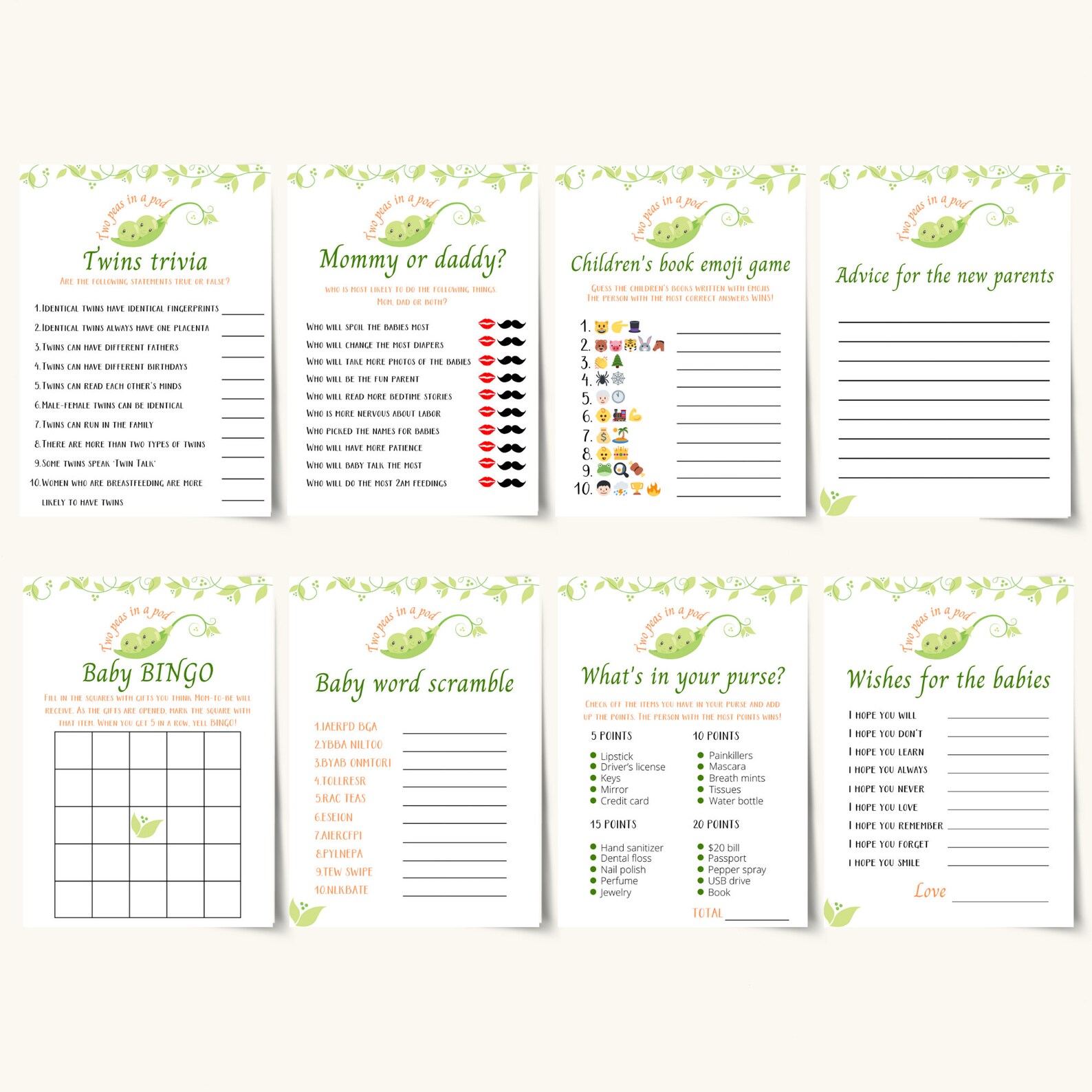 Printable Twins Baby Shower Games Two Peas In A Pod Twin Baby Etsy