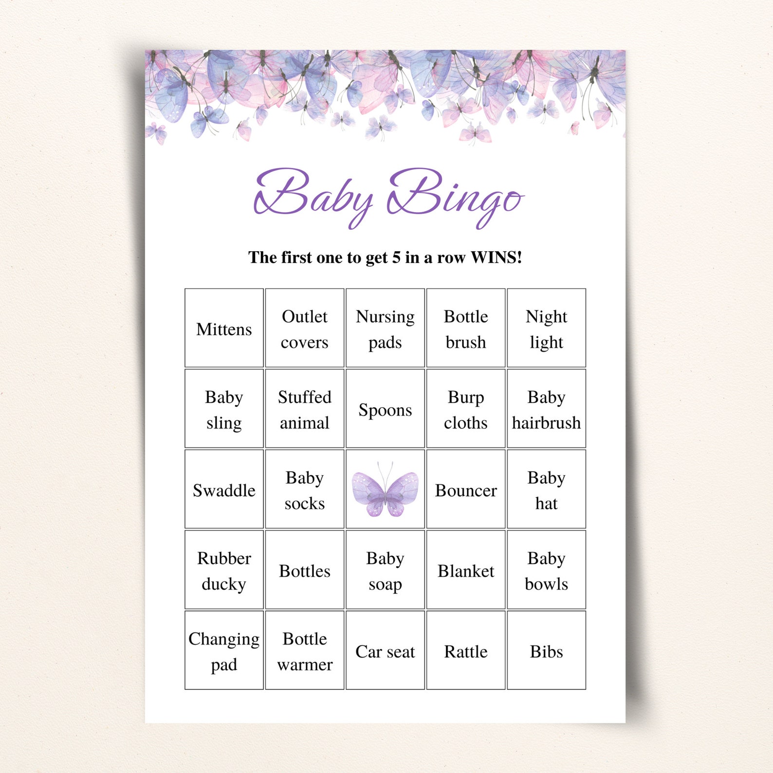 30 Printable Butterfly Baby Shower Bingo Cards 5x7'' Purple Butterfly