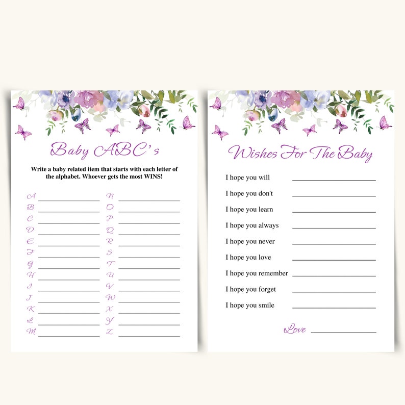 Printable Purple Butterfly Baby Shower Games 5x7'' Etsy