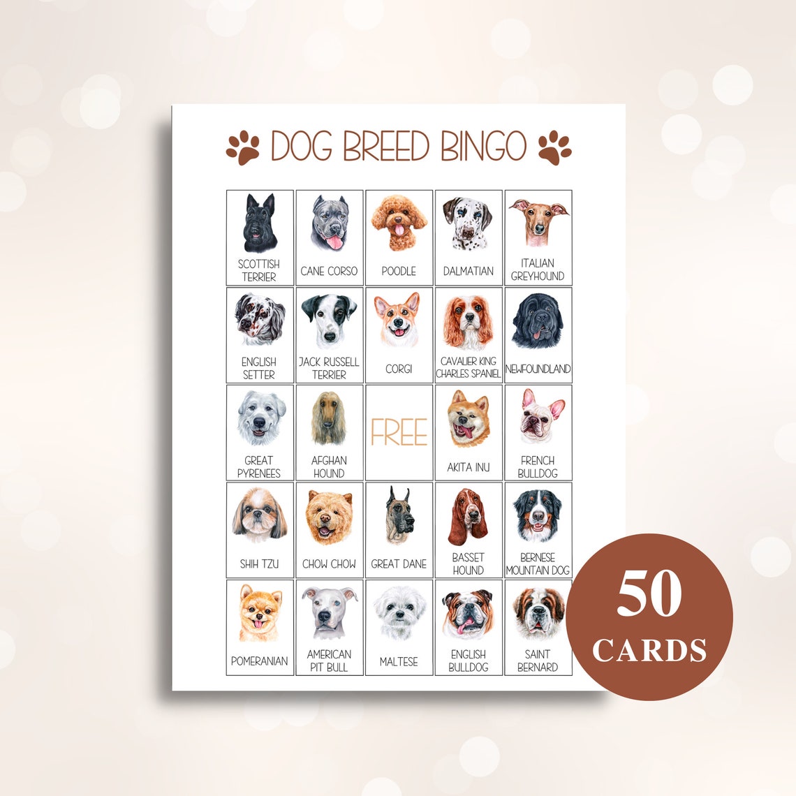50 Printable Dog Bingo Cards Dog Breed Picture Bingo Dog Themed ...