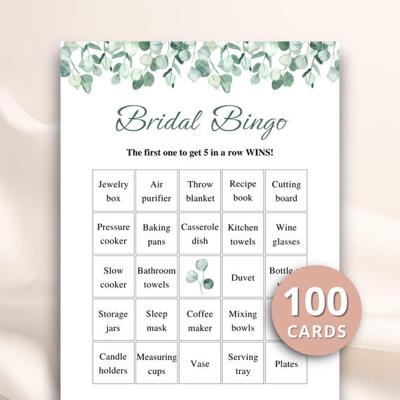 100 Printable Eucalyptus Bridal Shower Bingo Cards, Prefilled Bridal Gift Bingo, Greenery Bridal Shower Games, US Letter 8.5x11'', DOWNLOAD