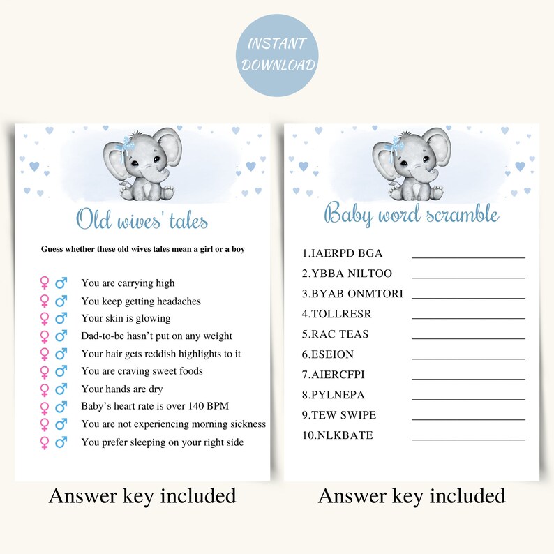 8 Printable Elephant Baby Shower Games, Boy Elephant Baby Shower Game ...