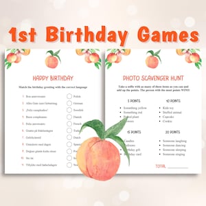 12 Printable One Sweet Peach First Birthday Games: US Letter & A4, DOWNLOAD