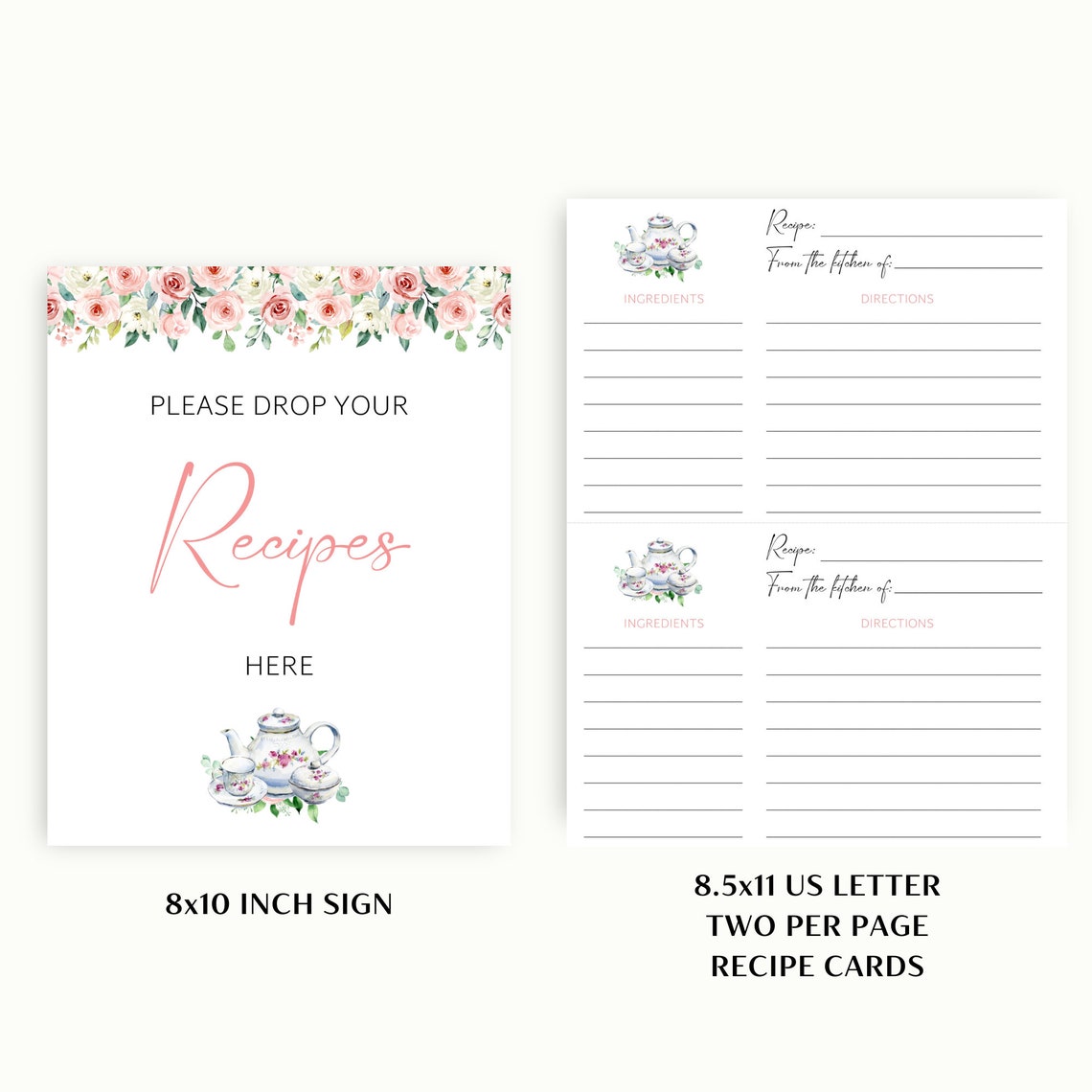 20 Printable Tea Party Bridal Shower Signs + Recipe, Advice, Date Idea ...