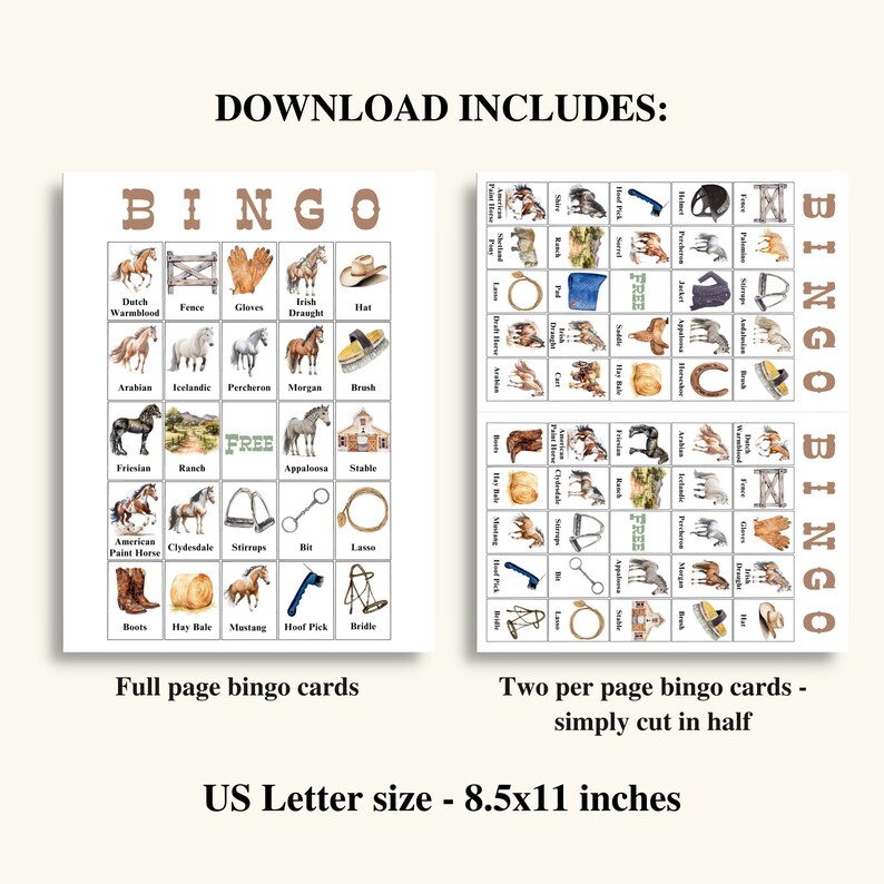 50 Printable Horse Picture Bingo Cards, Horse Themed Birthday Party ...