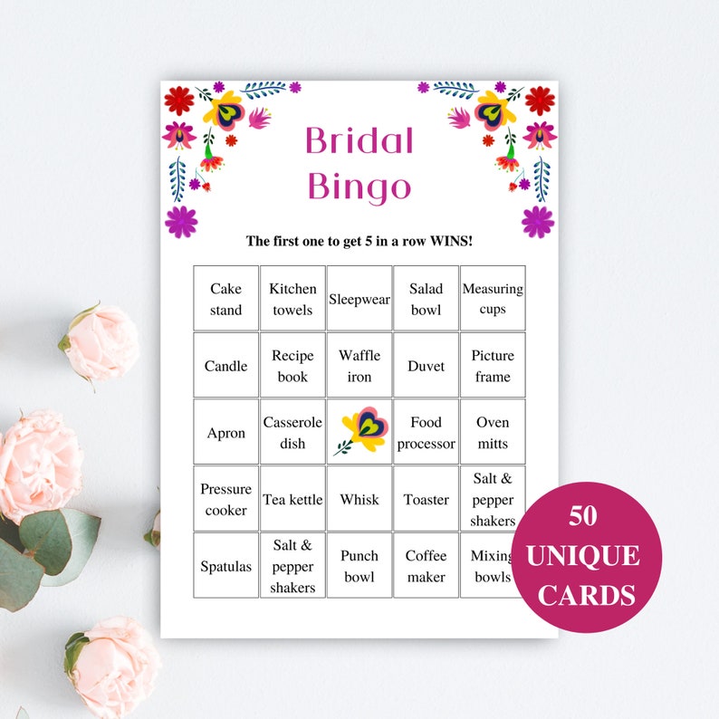 50 Printable Bridal Shower Bingo Cards, Prefilled Bridal Bingo Game