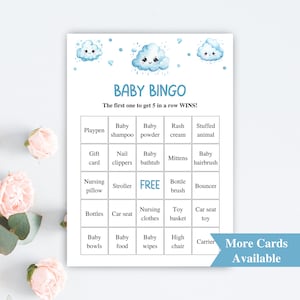 30 druckbare Wolken-Babyparty-Bingokarten | 5x7'' vorgefüllte Baby-Bingokarten | Showered In Love Babyparty-Spiele | HERUNTERLADEN