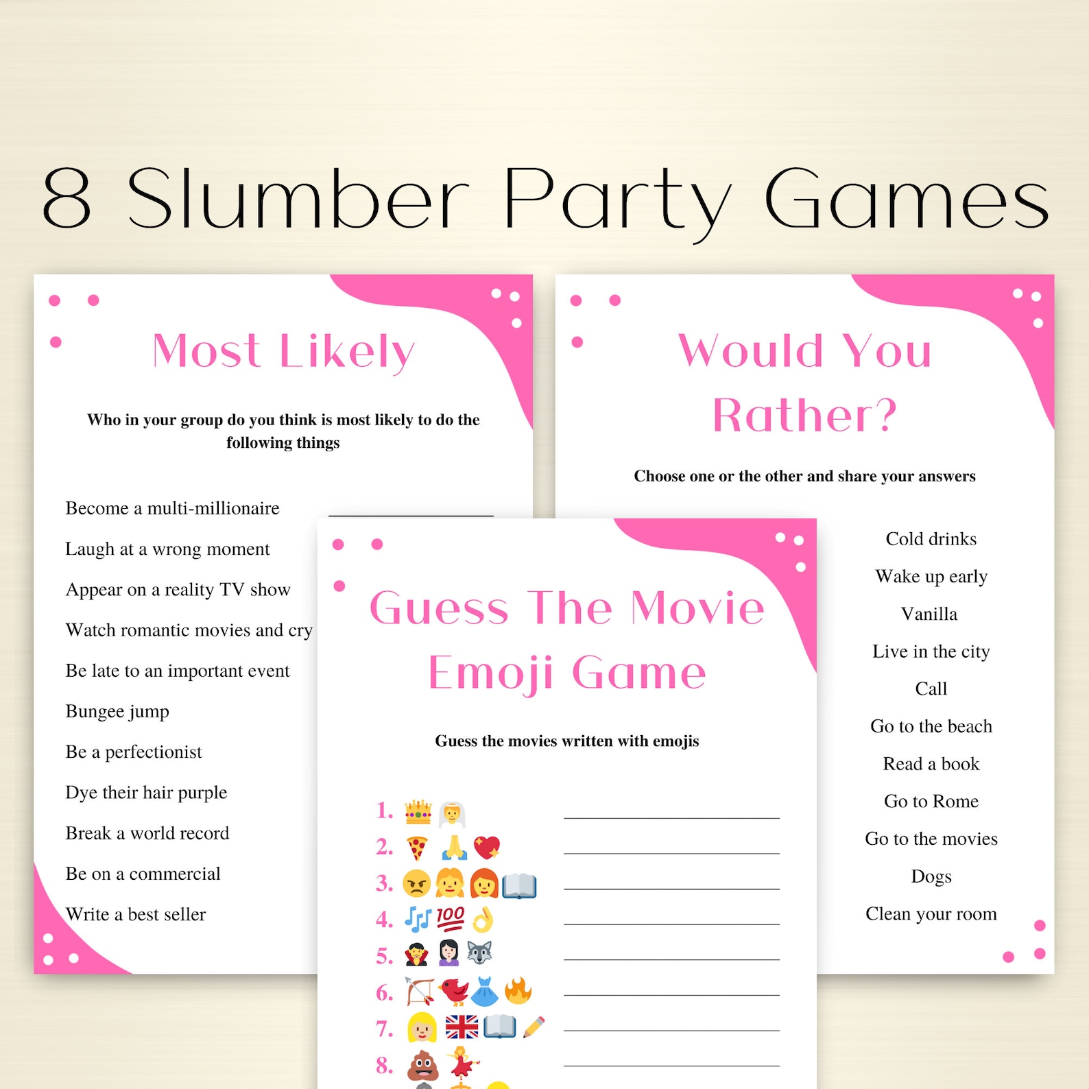 8 Printable Slumber Party Games Sleepover Party Games for Girls