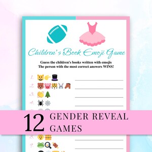 Könnte beinhalten: Ein Children's Book Emoji Game Spielblatt mit einer türkisfarbenen Football-Grafik und einem rosa Tutu oben. Der Text lautet Children's Book Emoji Game, Guess the children's books written with emojis und The person with the most correct answers WINS! Ein rosa Banner in der Mitte zeigt 12 GENDER REVEAL GAMES.