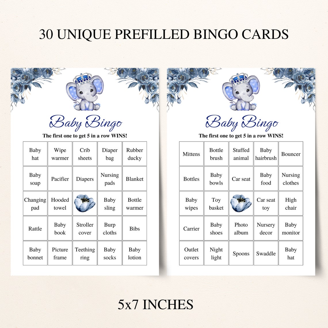 30 Printable Royal Baby Shower Bingo Cards 5x7 Prefilled - Etsy