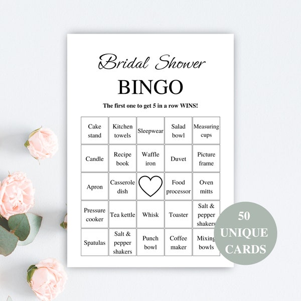 50 cartes de bingo nuptiales imprimables, cartes de jeu de bingo nuptiale préremplies, bingo cadeau nuptiale de douche, jeux nuptiales de douche, téléchargement